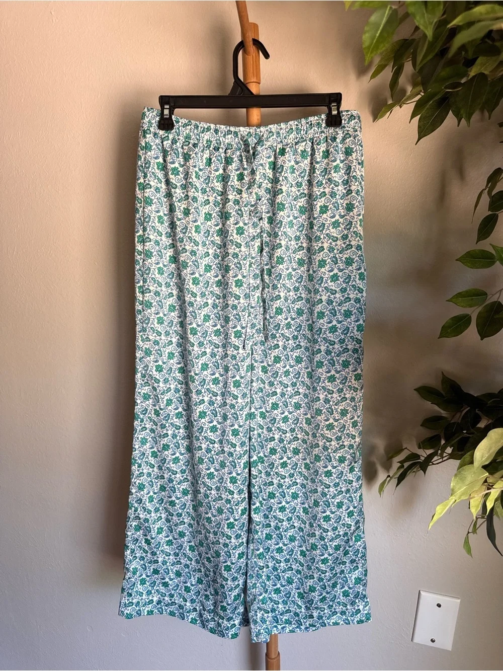 J.Crew Blue Boho Patterned Pull On High Rise Wide Leg Silk Pants Size Medium